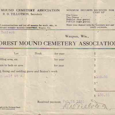 Receipt, Forest Mound Cemetery, Charles Hanisch