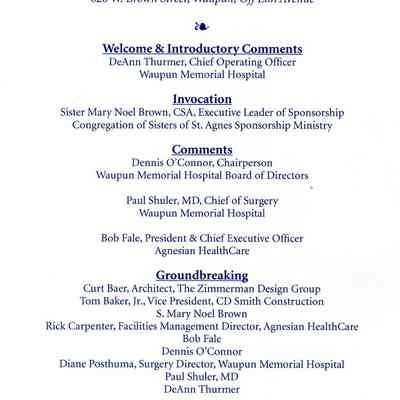 Program for the Groundbreaking for the Surgery Addition to Waupun Memorial Hospital.
