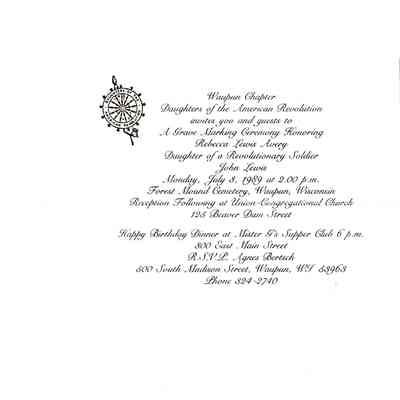Invitation, Sesquicentennial, 150th Anniversary, Grave Marking Ceremony, Rebecca Lewis Avery