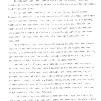 Page 2 of historical info on Waupun Historical Society