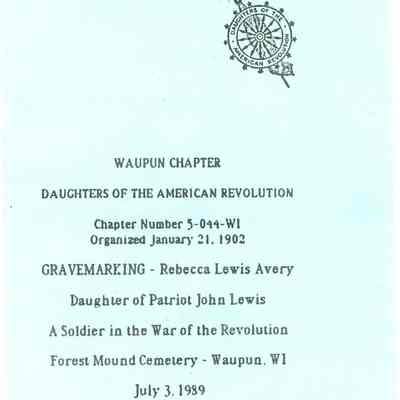 Program, Sesquicentennial, 150th Anniversary, Gravemarking Ceremony, Rebecca Lewis Avery, 1989