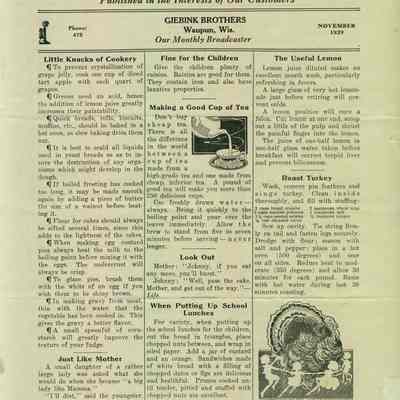 Giebink Brothers Grocery Store, Newsletter, November 1929