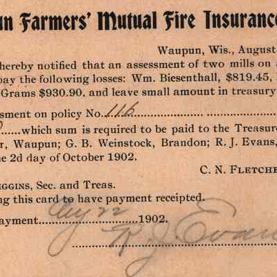 Postcard, Waupun Farmers' Mututal Fire Insurance Company, 1902