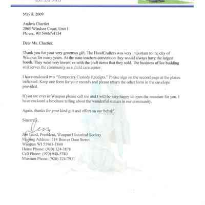 Letter, Thank You to Andrea Chartier, Handcrafters