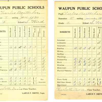 Report cards from 1920 for Charles Boettcher