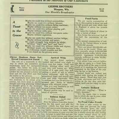 Giebink Brothers Grocery Store, Newsletter, May 1930