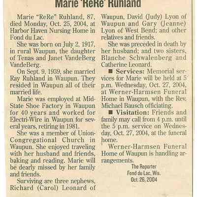 Marie "ReRe" Ruhland obituary.