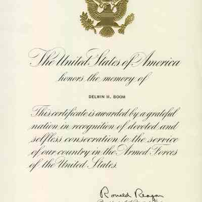 Certificate, Honoring Delwin Merril Boom