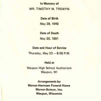 Handout from Timothy Trewyn memorial service.