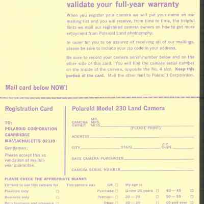 Registration Card, Polaroid Land Camera, Model 230