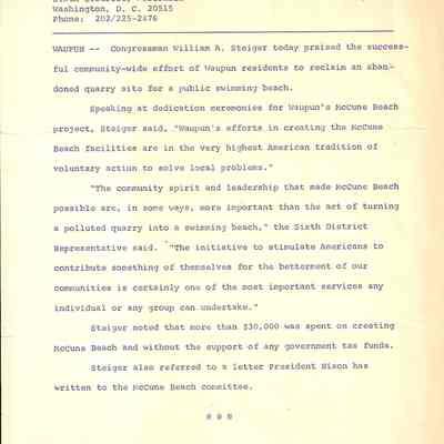 Parks, McCune Beach, Letter, William Steiger