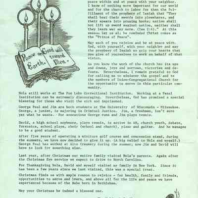 Christmas Letter, Church, Union-Congregational, UCC, Woldeth
