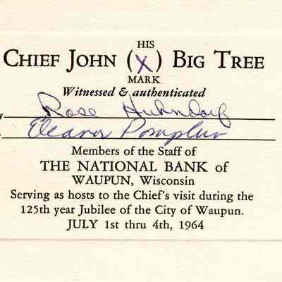 Chief John Big Tree, Signature Card, 125th Jubilee