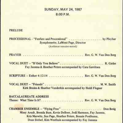 Waupun High School "Baccalaureate Service" (May 24 1987)