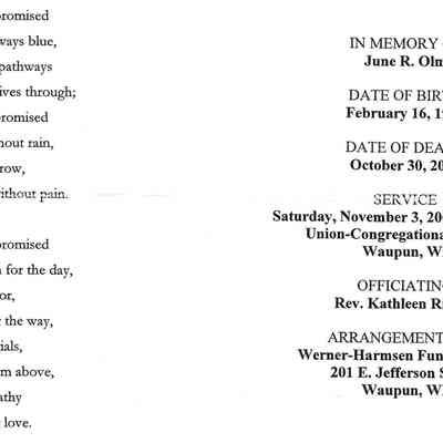 June R. Olm Funeral Card