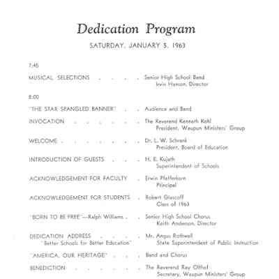 Program for Dedication of Waupun Senior High School