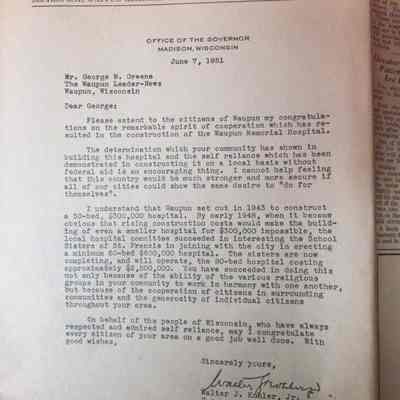 Letter from Governor Kohler -Waupun Memorial Hospital 1951