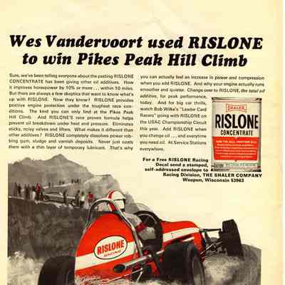 Advertisement, Shaler, Rislone, Motor Trend, 1967, Wes Vandervoort Pikes Peak Hill Climb