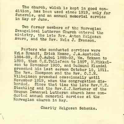 Program, Church, 100th Anniversary of the Norwegian Lutheran Church