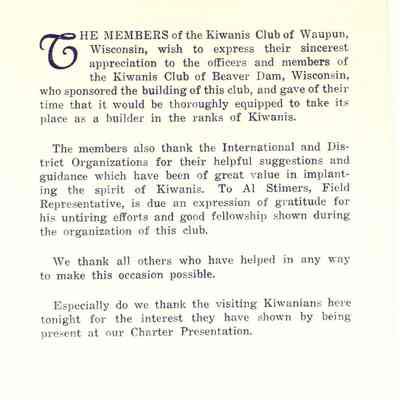 Appreciation in Program - Waupun Kiwanis Club
