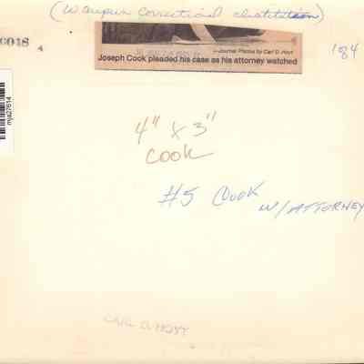 Info on back of photo of Inmate Joseph Cook.
