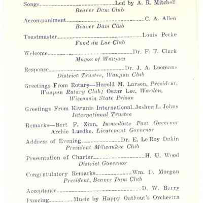 Program for Charter Presentation of Wauun Kiwanis Club