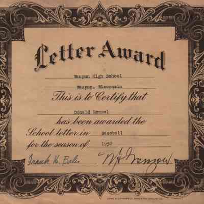 Certificate, Letter Award, 1938 Baseball, Donald Remmel