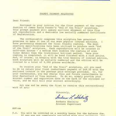 Letter for payment of 9" End of the Trail statue