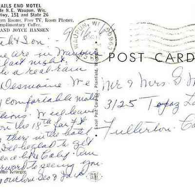 Postcard advertising "Trails End Motel".