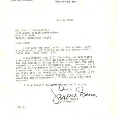 Parks, McCune Beach, Letter, Gaylord Nelson
