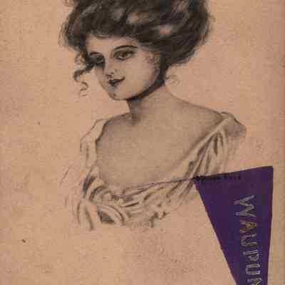 Postcard, Woman, Purple Waupun Pennant