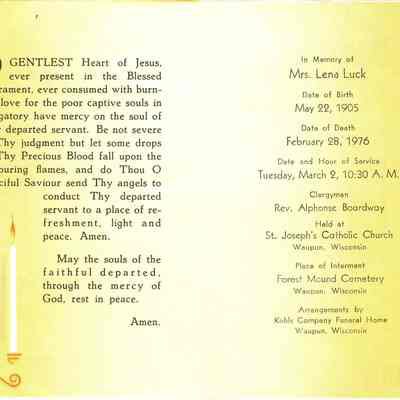 Funeral Card for Mrs. Lena Luck