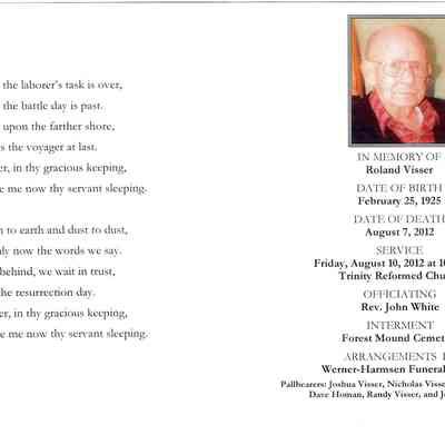 Funeral card for Roland Visser