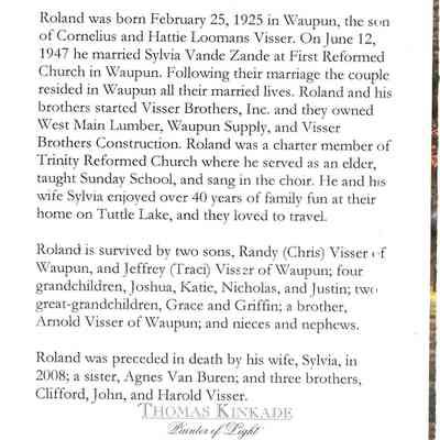 Obituary for Roland Visser on Funeral Card