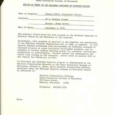 Notice of Entry on the national Register of historic