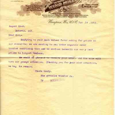 Letter, Althouse Wheeler Co. Letter, Sent January 14, 1913 to August Mier