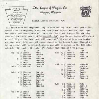 Insert, Senior League Schedule for 1984