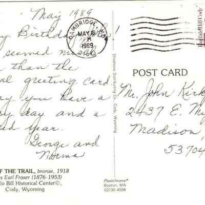 Back of postcard from Wyoming - End of the Trail.