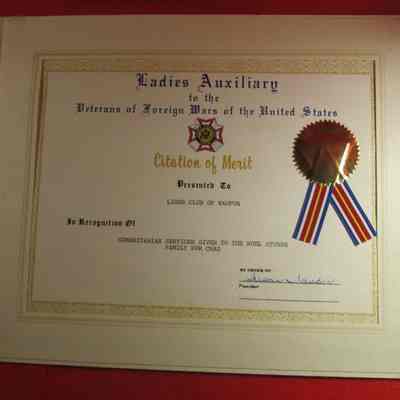 Certificate, Waupun Lions Club, Ladies Auxiliary