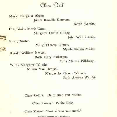 Class Roll of 1910, colors, flower, and motto.