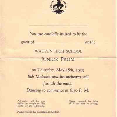 Waupun High School "invitation to Junior Prom" (May 18 1939)