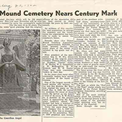 Cemetery, Recording Angel, Forest Mound Cemetery Nears Century Mark