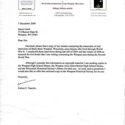 Letter, Robert Daniels, Transcripts of 33 World War II Area Residents