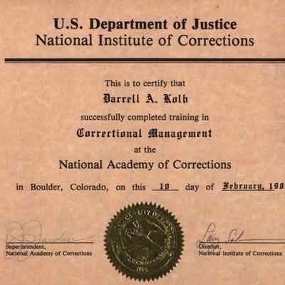 Certificate, US Department of Justice, National Institute of Corrections, Darrell Kolb