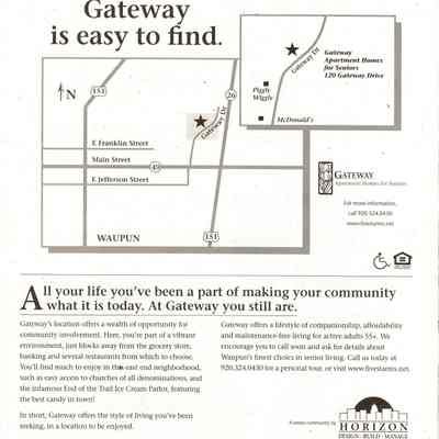 Advertisement for Gateway Apartments in Waupun.