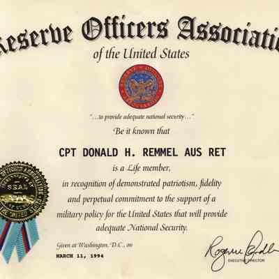 Certificate, Reserve Officer's Association, Life Member, Donald Remmel, 1994