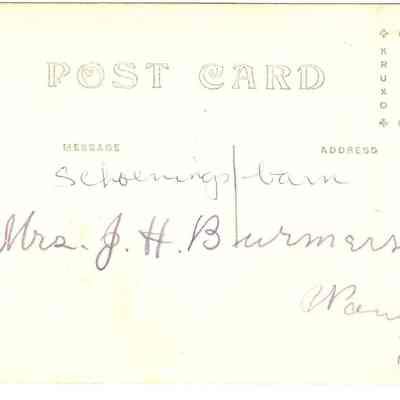 Back of photo postcard of Schoening's barn