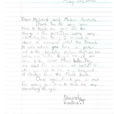 Thank you letter from Kadina T.