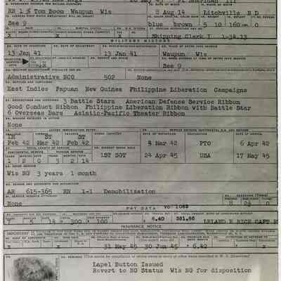Military, Honorable Discharge Record, Delwin Merril Boom