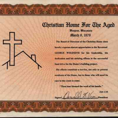 Award, Christian Home to George Woldseth